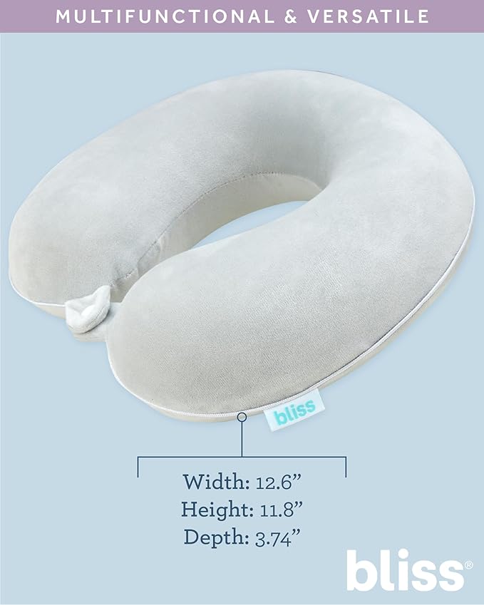 Bliss Neck Pillow - Lightweight U-Shaped Memory Foam Travel Neck Pillow with Snap Closure for Airplanes, Traveling, Offices, Cars, Grey Fleece