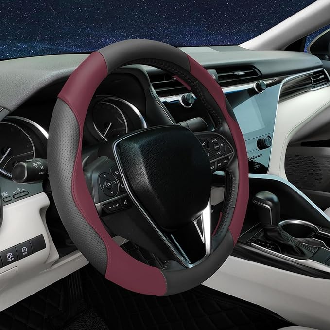 Mihecor Steering Wheel Cover Universal Standard Size 14.5-15 inch, Breathable Microfiber Leather, Anti-Slip, Soft Grip, Sporty Design, Fits for Cars SUVs Trucks, Black and Burgundy