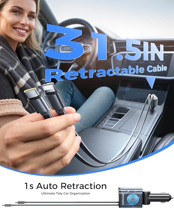2025 Ultra-Compact SUPERONE Retractable Car Charger, 5 in 1 Car Phone Charger with Dual Cables, 84W Fast Charging USB C Car Accessories Adapter for iPhone 17/16/15/14/13/12/11, Galaxy, Pixel