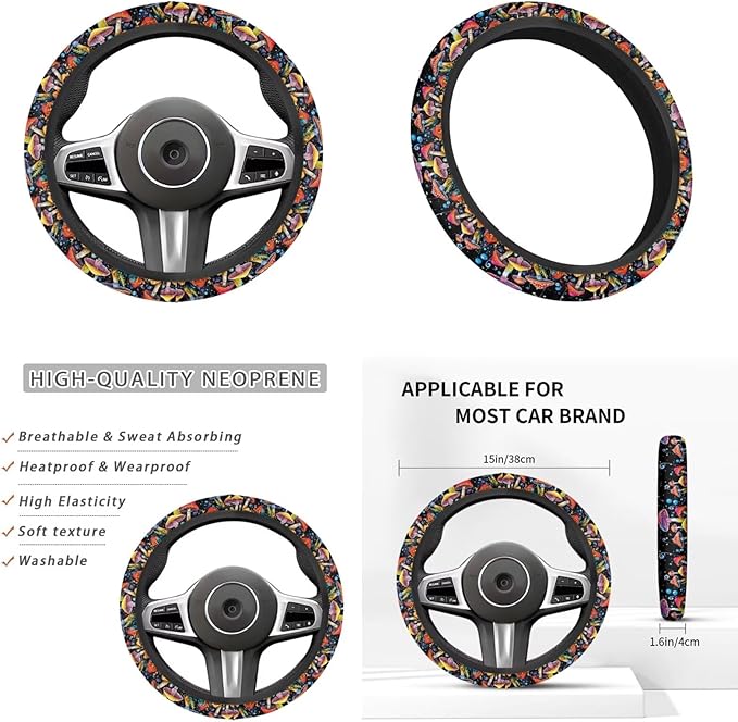 Colorful Mushroom Car Steering Wheel Cover Auto Interior Accessories 6 PCS Cup Coaster Cars Handbrake Cover Fits Most Car Truck Van and SUV