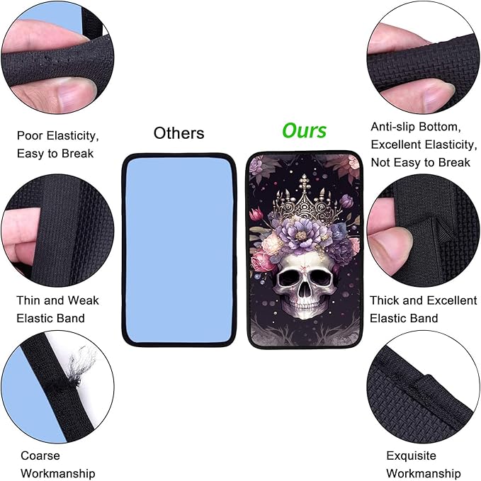 JANENFNA Car Armrest Cover Pads Universal Fashion Cute Auto Center Console Armrest Cover Pad with 2PCS Car Coasters Soft Waterproof Car Armrest Seat Protector for Women,Skull with Crown