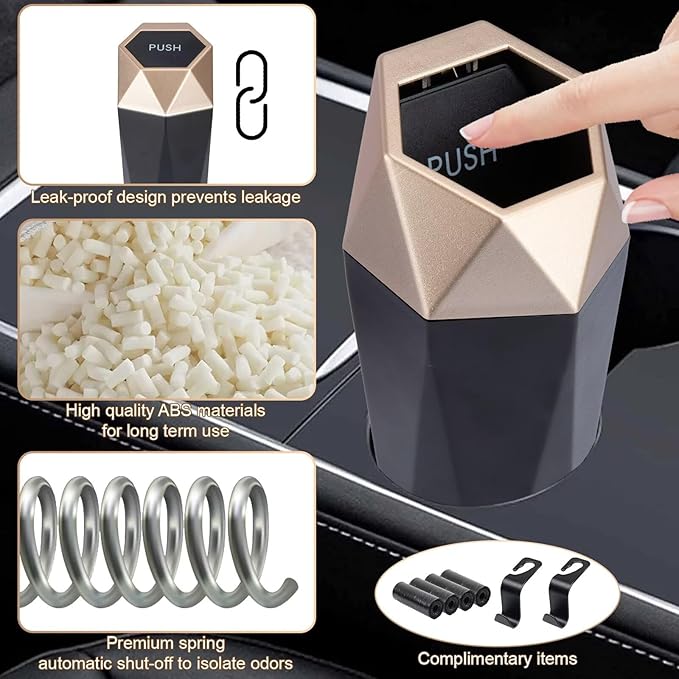 Car Trash Can, 2 Pack Car Trash Bin with Lid, Car Accessories for Women Interior, Car Garbage Can with Additional 2 ABS Hooks and 60pcs Trash Bags, Suitable for Home, Office, Car Organizer, Gold