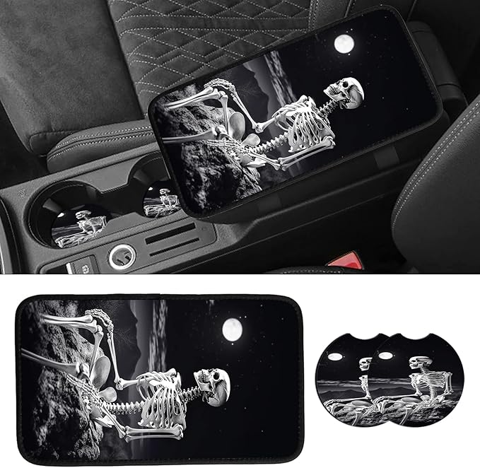 JANENFNA Car Armrest Cover Pads Universal Fashion Cute Auto Center Console Armrest Cover Pad with 2PCS Car Coasters Soft Waterproof Car Armrest Seat Protector for Women,Skeleton