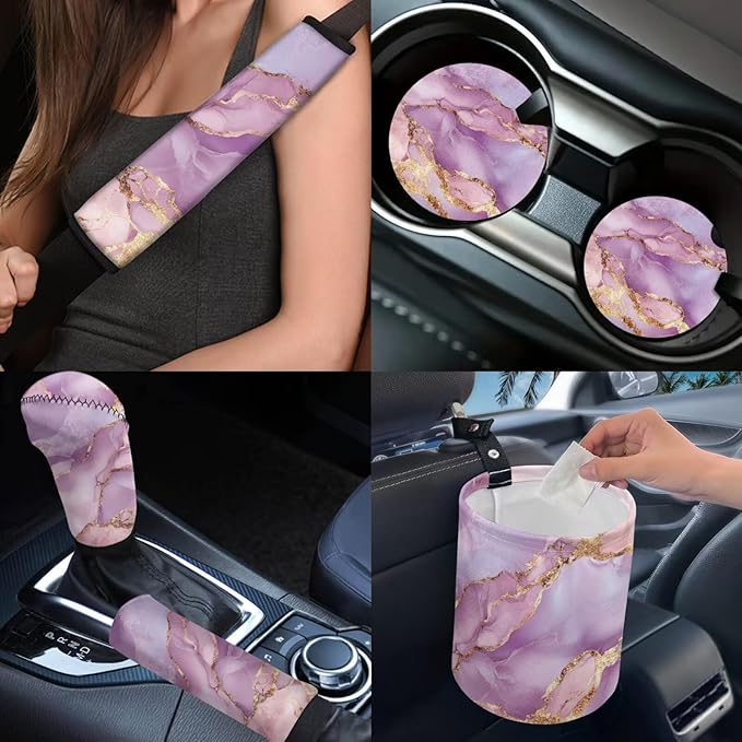 Dngkaoje 13 Pack Pink Marble Print Car Seat Cover Set with Steering Wheel Cover Seat Belt Strap Cover Garbage Cans Coasters,Marble Texture Front and Rear Split Bench Seat Covers for Cars