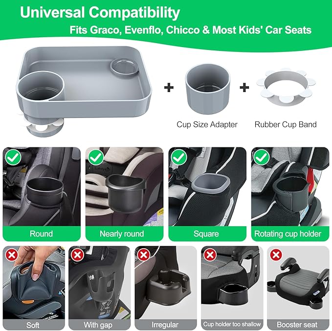 Car Seat Tray for Kids Travel, Carseat Tray for Food Toddler, Car Seat Table Tray, Car Seat Cup Holder Snack Tray for Graco, Evenflo, Chicco, Rotatable Removable Family Road Trip Essentials (Gray)