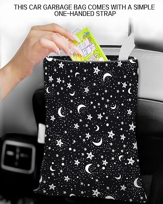 ANKVRP Car Trash Can, Durable Hanging Car Trash Garbage Bag, Cute Automotive Garbage Cans Organizer, Black White Moon Star