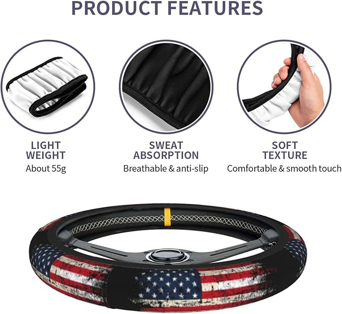 American Flag Steering Wheel Cover Elastic Non-Slip Car Steering Wheel Covers with Seat Belt Shoulder Pad for Women Men