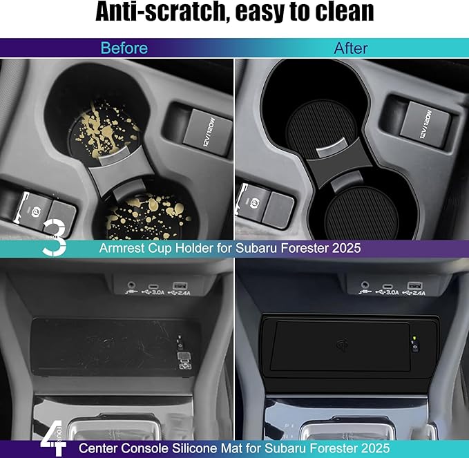 Upgraded Center Console Organizer for Subaru Forester Accessories 2025 2026, Armrest Storage Box + Silicone Cup Holder + Hidden Box + Wireless Charging Protective Pad With Non-Slip Mat 4Pcs Set, Black