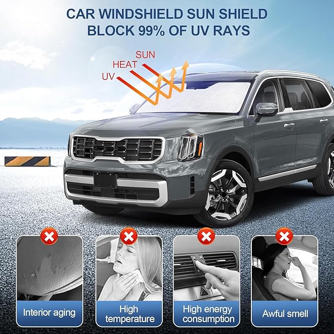 KMF Windshield Sun Shade for KIA Telluride 2020-2024 2025 with 310T Foldable Car Sun Shade,Custom Fit Sunshade for Front Window Sun Visor Protector Interiors Block UV Rays Accessories