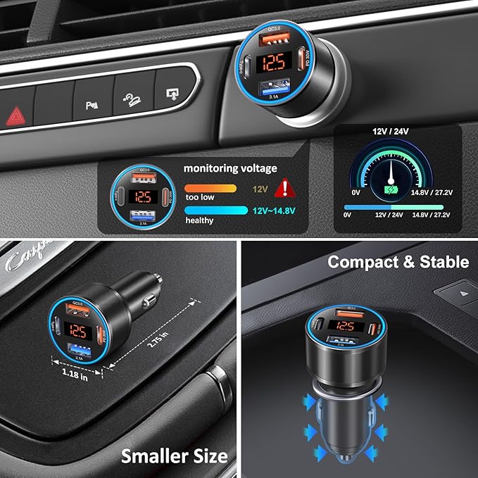 USB C Car Charger, 65W 4-Port Super Fast Charging Cigarette Lighter Adapter Multiport Dual 12V USB-A & USB-C Car Phone Charger with Battery Voltage Meter for Marine,Boat,Car Automotive,iPhone