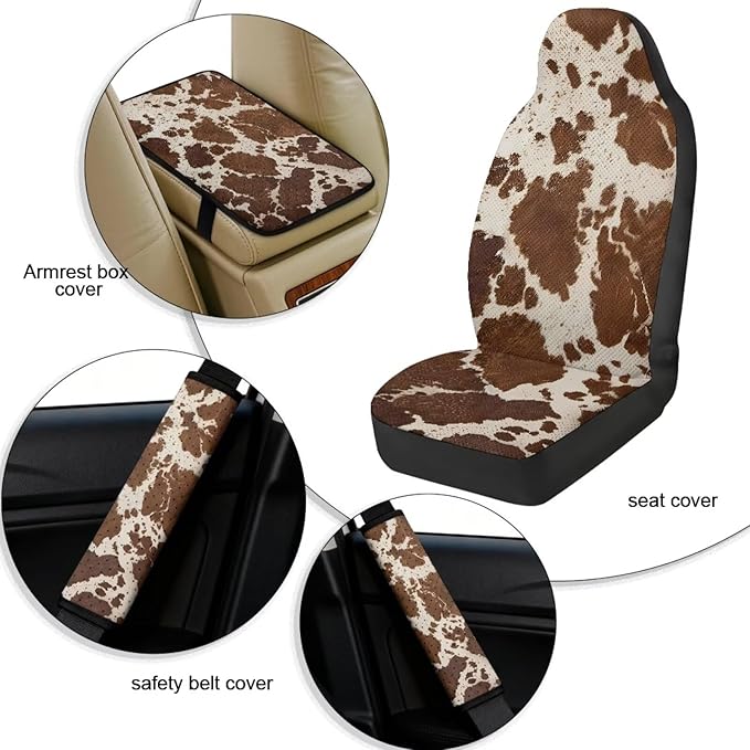 Qeluxign Cow Print Auto Seat Covers with Car Center Console Cover, Belt Cover PU Leather Breathable Full Set Bucket Seat Covers, Pack of 5, Universal Fit for Sedan,SUV