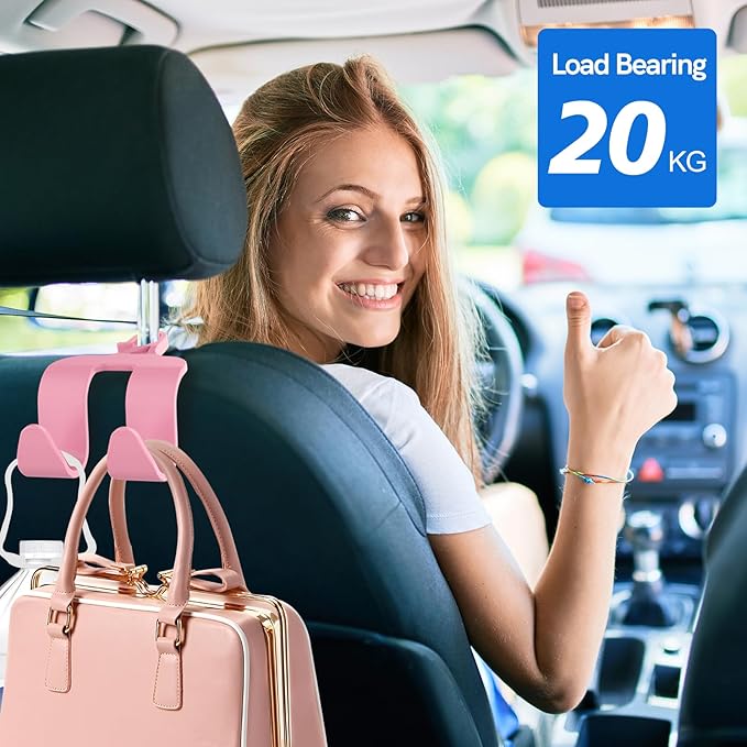 Car Headrest Hooks, Upgraded 2 in 1 Car Storage Headrest Hanger Holder Hooks Organizer, Universal Vehicle Backseat Hanger Interior Accessories for Handbag Purse and Bag Pink 2 Pack (CH06-Pink)