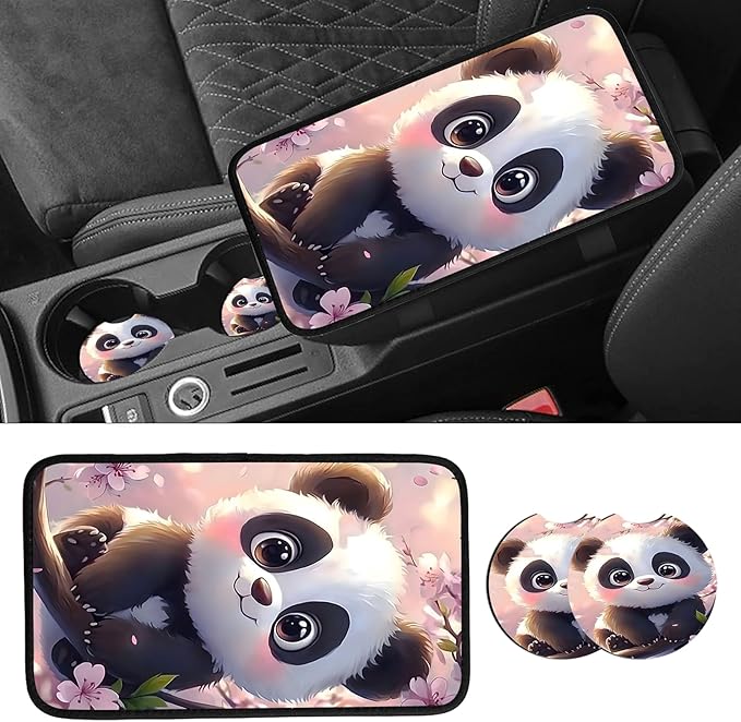 JANENFNA Car Armrest Cover Pads Universal Fashion Cute Auto Center Console Armrest Cover Pad with 2PCS Car Coasters Soft Waterproof Car Armrest Seat Protector for Women,Pink Flower Panda