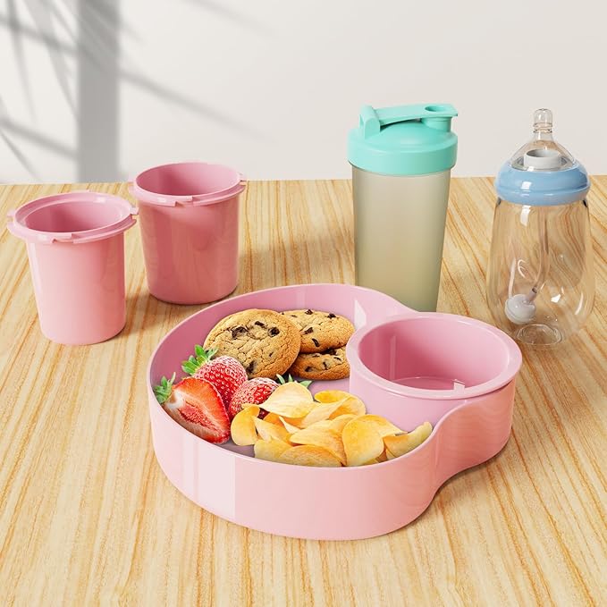 Car Seat Snack Tray for Kids: Kids Car Tray with Cup Holder, 1PCS Toddlers Road Trip Essential, Travel Snacks Food Plate Cup Holder (Pink)