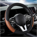 Car Steering Wheel Cover, 15 Inch Carbon Fiber Leather Stitching Color Steering Wheel Protector, Anti-Slip Elastic Breathable Steering Wheel Cover Stylish Decor for Most Cars (Black&Khaki, AD)