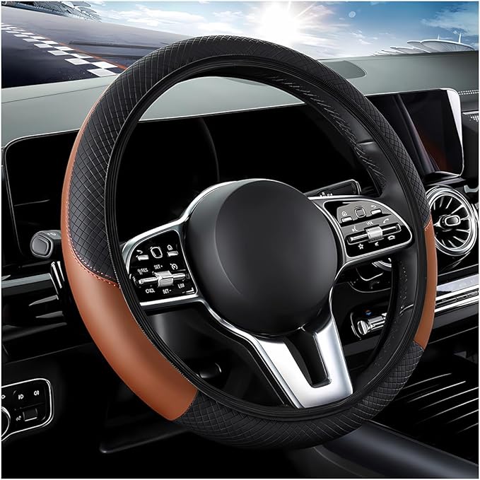 Car Steering Wheel Cover, 15 Inch Carbon Fiber Leather Stitching Color Steering Wheel Protector, Anti-Slip Elastic Breathable Steering Wheel Cover Stylish Decor for Most Cars (Black&Khaki, AD)