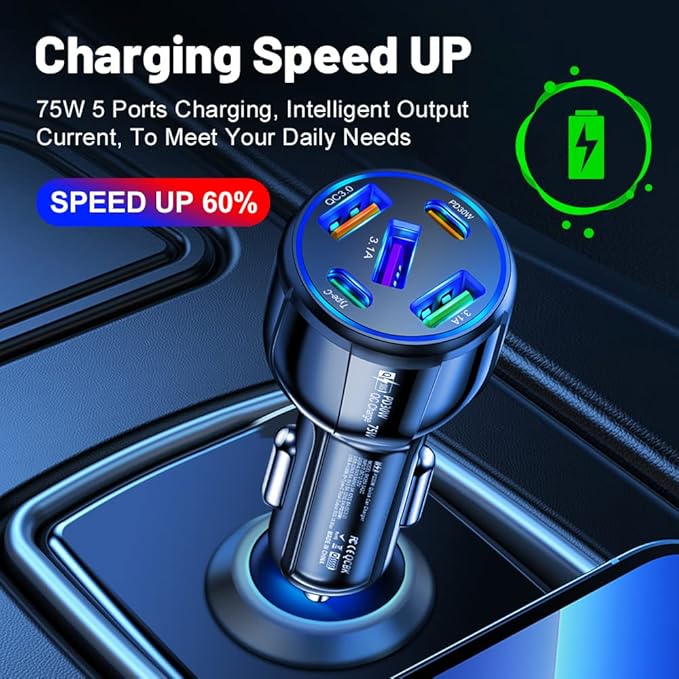 75W USB C Car Charger 5-Port Car Charger Adapter, PD & QC3.0 Fast Charging Cigarette Lighter USB Charger for iPhone/Android/Samsung Galaxy S10 S9 Plus (Black)