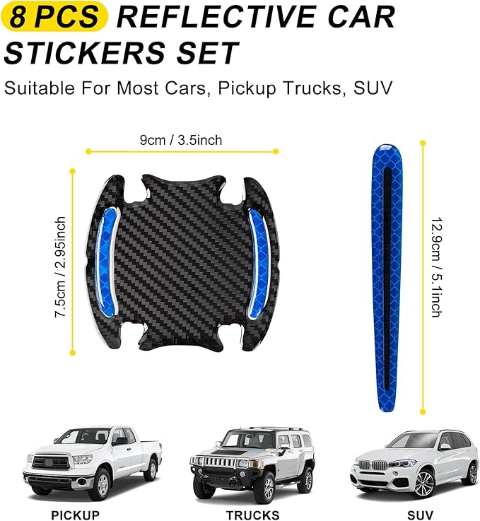 8 Pcs Reflective Door Handle Stickers, PVC Car Door Cup Protectors, Universal Auto Door Handle Protective Film, Anti-Scratches Stickers for Most Cars, SUV and Vans (Blue)