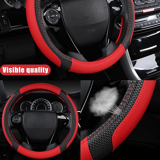 Car Steering Wheel Cover, 14.97 Inch Leather Non-Slip Vehicle Steer Wheel Protector, Soft & Breathable Automotive Interior Protection Accessories, Universal for SUV Sedan Truck (Black/Red)