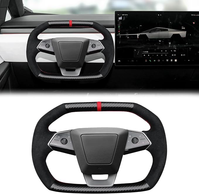 Steering Wheel Cover for Cybertruck Hand Stitching DIY Steering Wheel Cover Black with Dark Red Center Mark (Upper Lower Carbon Fiber & Alcantara Side Grips)