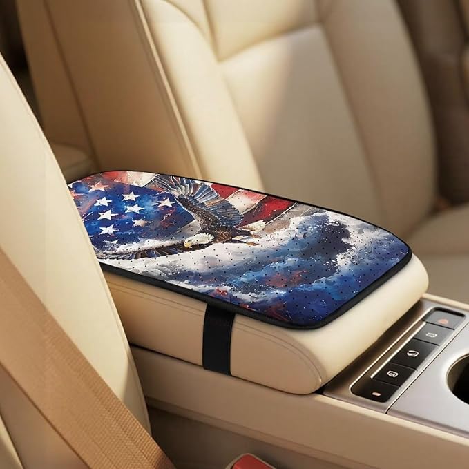 Qeluxign Car Accessories Set for Women American Flag Bald Eagle Center Console Armrest Pad Seat Belt Cushion Universal Car Accessories for SUV Van Truck