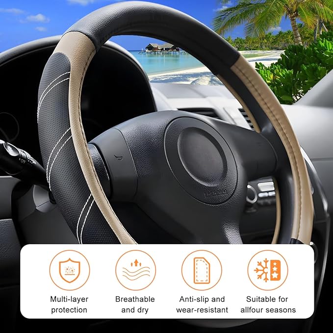 Car Steering Wheel Cover, 14.5-15" Non-Slip Leather Sporty Vehicle Steering Wheel Protector, Breathable Auto Interior Decoration Accessories, Universal for Van Truck Sedan (Black/Beige)