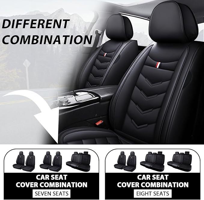 MVRVMV 3 Row 7 Seater Seat Covers for GMC Acadia 2007-2026, Airbag Compatible Front and Rear Split Bench Leather Auto Seat Protectors (7 Seat Standard, Black