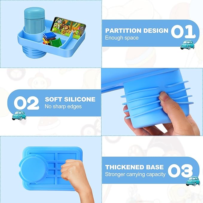 Car Seat Cup Holder Snack Tray - Silicone Food Trays for Travel with Expandable Soft Rubber Base Fits Most Cup Holders Portable Accessories Essentials for Small Fruit, Toys Blue