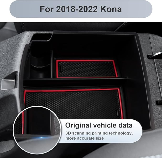 SKTU for 2018 2019 2020 2021 2022 2023 Hyundai Kona Center Console Organizer Insert ABS Black Materials Tray 2023 Kona OS Armrest Box Glove Secondary Storage Box with Coin and Glass Holder (Red)