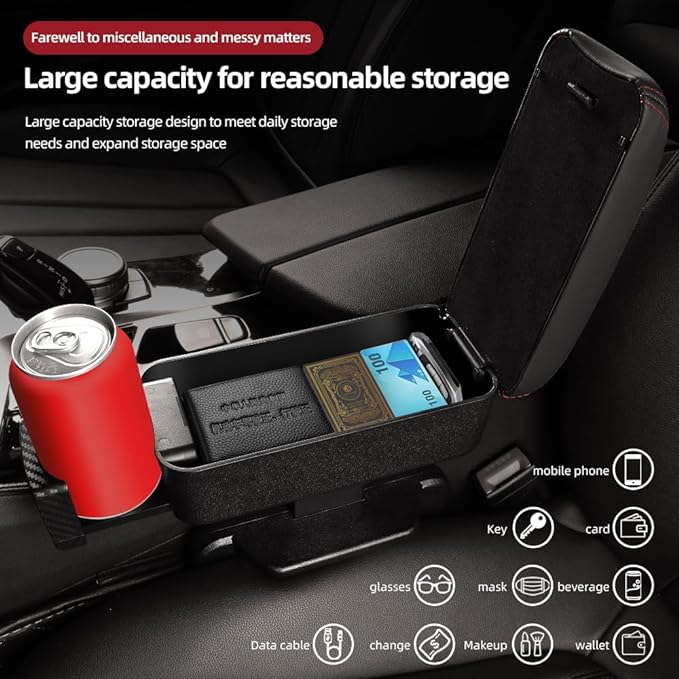 JEYODA Car Armrest Box with Cup Holder Car Central Liftable Armres Storage Organizer Box Arm Rest，Car Seat Gap Filler Organizer 1PC (Black)