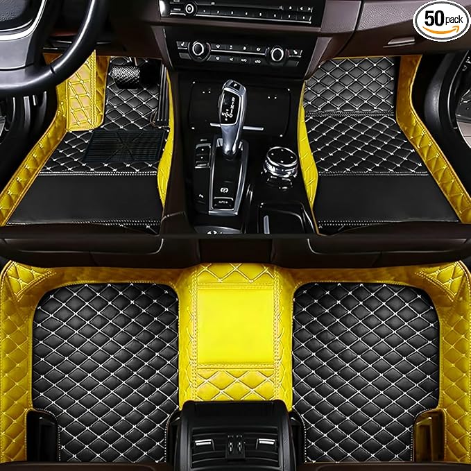 Custom Personalized Floor Mats for Cars，Luxury Full Coverage All Car Floor Mats，Anti-Slip Leather Car Mat Set ，Custom Floor Mats for 99% of Cars, Trucks & SUVs. (Yellow and Black)
