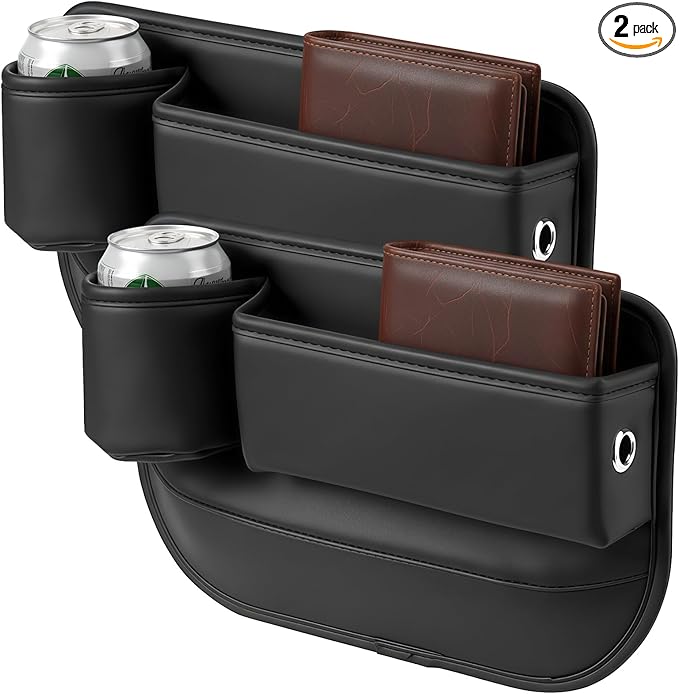 Toyosport 2 PCS Car Seat Gap Filler Organizer, PU Leather Side Console Storage with Cup Holder, Car Extra Compartments for Cans Phones Keys Wallets, Easy Wipe Clean, Universal Fit