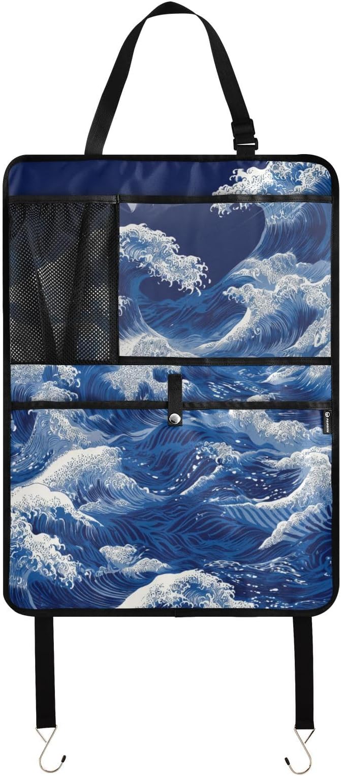 2 Pack Back Seat Car Organizer with Storage Pockets Kick Mats Back Seat Protector Hanging Car Organizer Automotive Seat Back Cover Organizers Japanese Deep Blue Sea Waves
