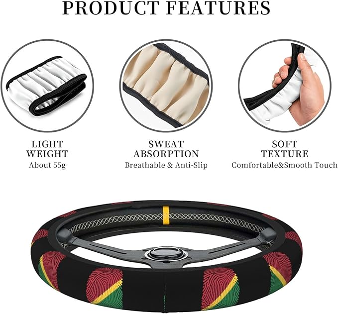 Guyana Guyanese Pride Flag Finger Print Neoprene Steering Wheel Covers Women Men Car Accessories, Universal 15 Inch Fit Auto, Suvs, Truck