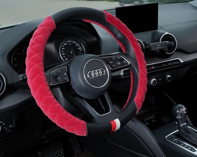 HAOKAY Luxury Fluffy Winter Steering Wheel Cover for Women,Soft Warm Short Plush Steering Wheel Cover Red Fuzzy with Universal 14.5-15 Inch