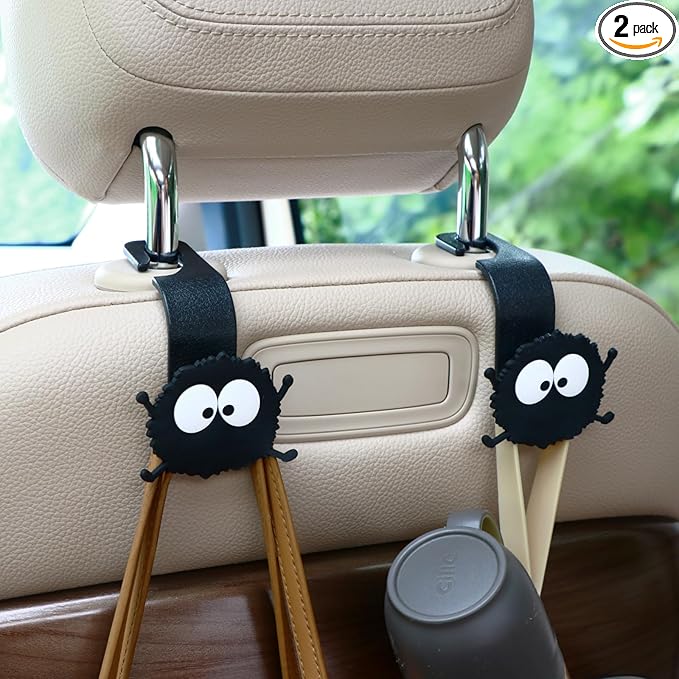 Car Seat Headrest Hook Soot Sprite Plush Auto Hooks for Purses and Bags, Cute Car Accessories, Universal Vehicle Storage Organizer, 2pcs (Sprite-feet)