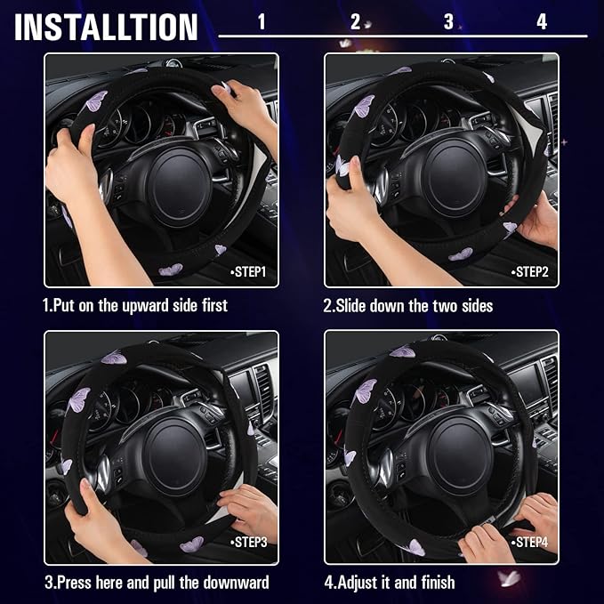 Car Pass Purple Embroidery Butterfly Steering Wheel Cover, Universal 15 Inch Car Wheel Cover for Women Girls, Fit for Suvs,Small Trucks,Sedans,Cars (Black and Purple)