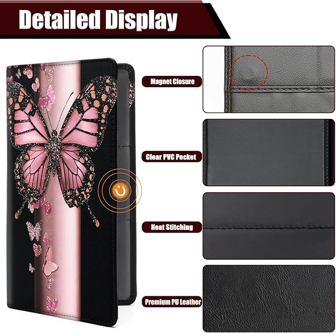 Car Document Holder with Magnetic Shut, Car Registration and Insurance Card Holder, Vehicle Glove Box Organizer Documents, Driver License, Auto Paperwork Organizer Wallet, Pink Butterfly Pattern
