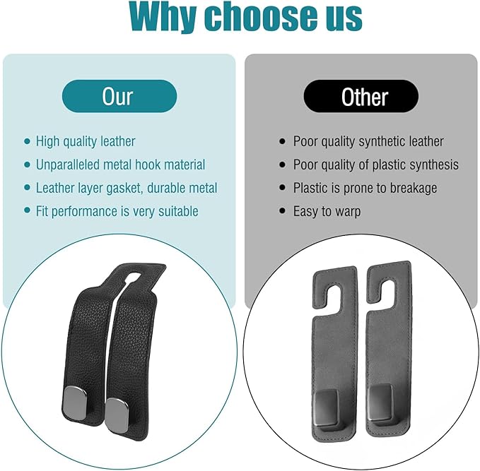 Liqqlex 2 Pcs Car Hooks for Headrest Leather and Metal Material, Universal Car Seat Hooks for Purses and Bags, Easy Install, Back Seat Organization, Suitable for SUVs, Sedans, and Minivans