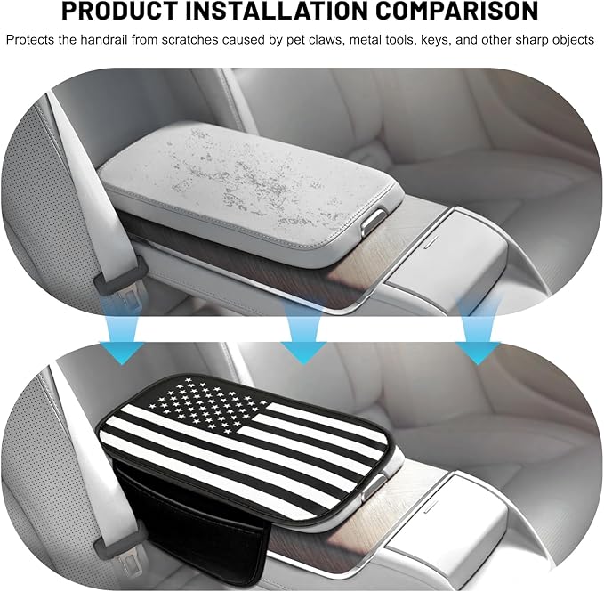 Car Center Console Pad, American Flag Armrest Seat Box Anti-Scratch Interior Protector with 2 Pockets, Patriotic Waterproof Leather Middle Console Cover Cushion for Most Vehicles