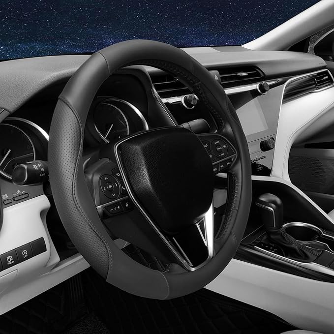 Mihecor Steering Wheel Cover Universal Standard Size 14.5-15 inch, Breathable Microfiber Leather, Anti-Slip, Soft Grip, Sporty Design, Fits for Cars SUVs Trucks, Black