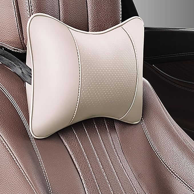 Car Pillow for Car Neck Pillow for Driving Seat Leather Neck Support Soft Cushion Back Support Head-Rests for Vehicle Sleeping with Elastic Adjustment Strap 2PCS (Neck, Beige)