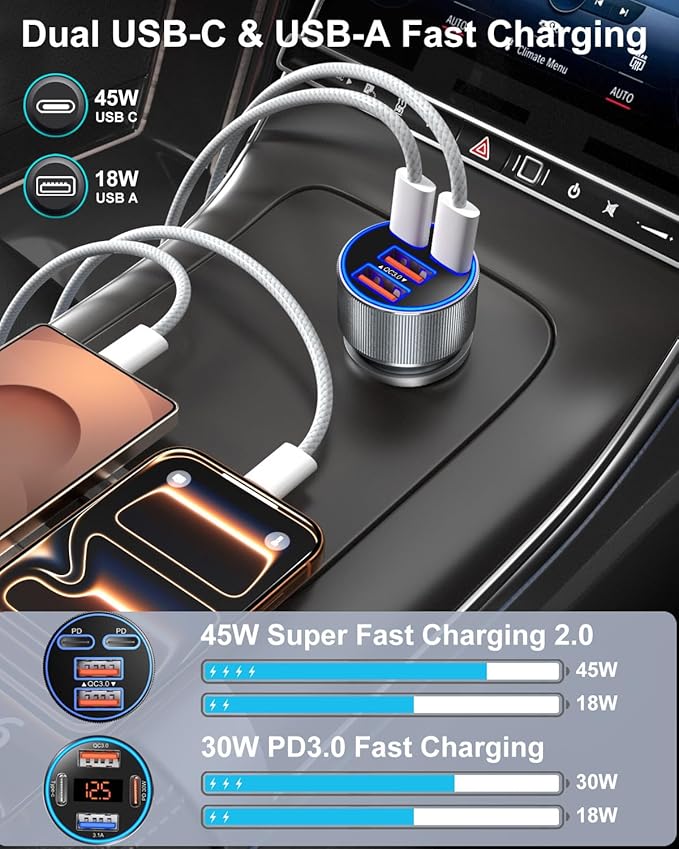 Car Charger USB C, 90W Super Fast Charging Cigarette Lighter Adapter Multi Port Dual 45W 12V USB-A & USB-C PD/QC 3.0 Fast Car Phone Charger Plug for iPhone 17 16 15 14 Pad Pro Max Galaxy Android(Gray)