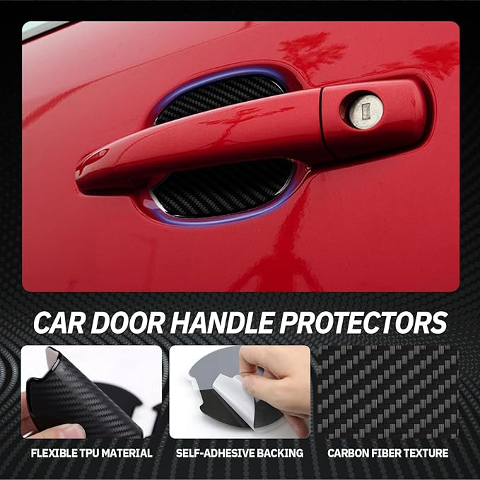 4PCS Car Door Handle Protectors, Anti-Scratch TPU Carbon Fiber Protective Film, 3D Door Cup Sticker, Universal Fit for Most Cars SUVs Trucks, Car Exterior Accessories