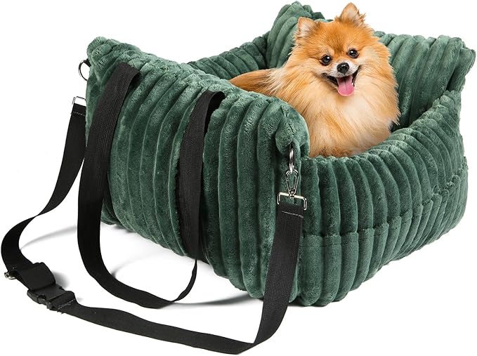 HOMLOVE Dog Car Booster Seat, for Small Dogs Under 30 lbs, Detachable Washable Travel Bed with Storage Pockets and Safety Belt (Green, Medium)