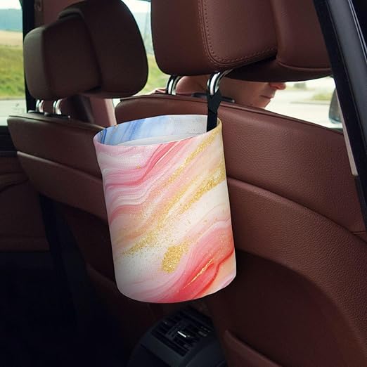 Gold Pink Marble Car Trash Can Garbage Cans Foldable,Cute Hanging Car Organizer and Storage Bag Leak Proof, Auto Back Seat Trash Bin Universal for Truck, SUV, Outdoor Travel
