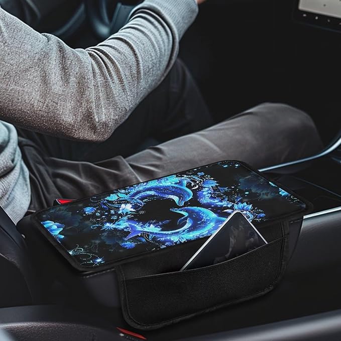 BIGCARJOB Neon Dolphin Car Center Console Cover with Side Storage Auto Interior Accessories Cute Car Armrest Seat Box Cover Cushion Universal Car Armrest Organizer