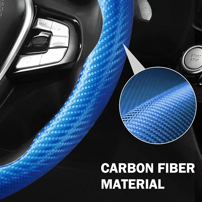 Carbon Fiber Steering Wheel Cover 3pcs Anti-Slip Car Steering Wheel Accessories Snap on Grip 15 inch Universal Blue