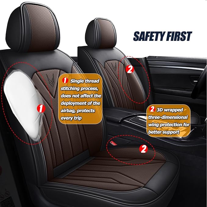 Car Seat Covers Full Set 3D Foam Back Support, 5 Seats Universal Fit for Most Cars, Nappa Leather Car Seat Cushion Super Breathable, Storage Bags, All Season, Black Coffee Car Seat Cover
