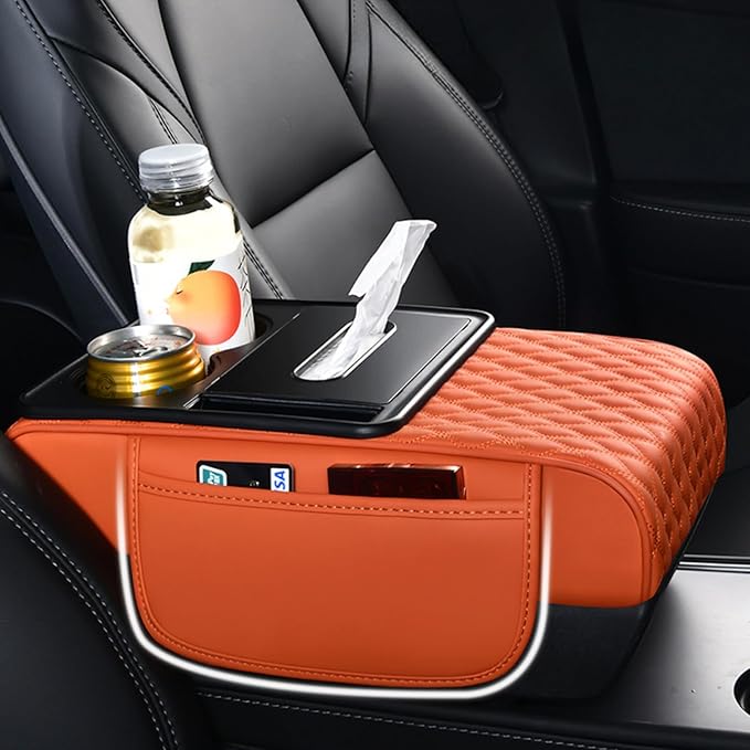 Car Center Console Armrest Pad, Arm Rest Box Cushion with Ergonomic Height Boost, Storage Pockets, Built-in Tissue Box, Cupholder, Fit for Most Sedan Vehicles (Embroidery Water Ripple, Burgundy)